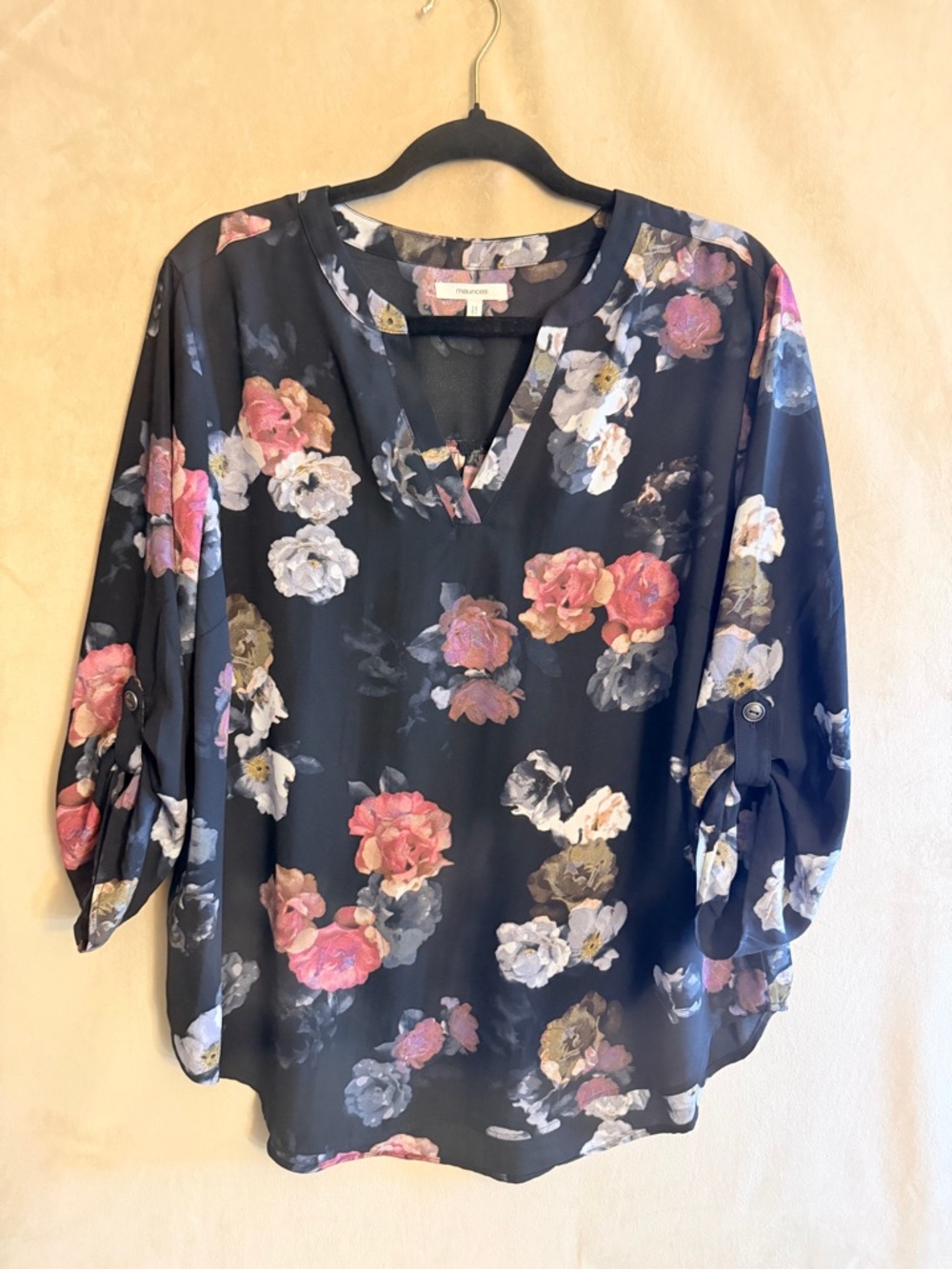Maurices Black Floral Split-Neck Blouse with Pink & Cream Flowers